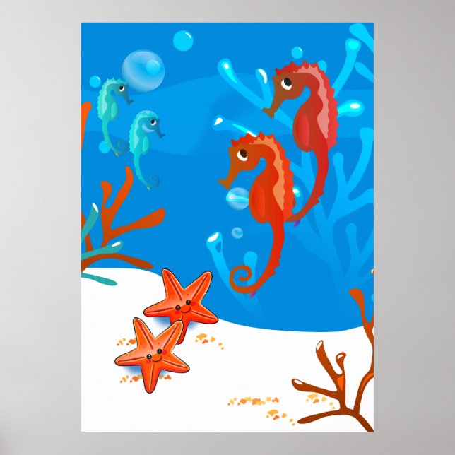 Ocean Aquatic Cute Seahorse Starfish Poster (Front)