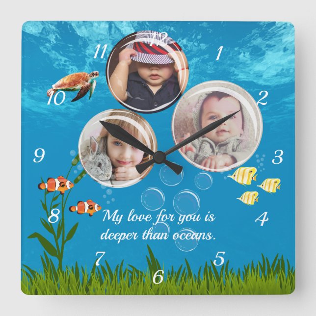 Ocean aquatic wildlife personalised three photo  square wall clock (Front)
