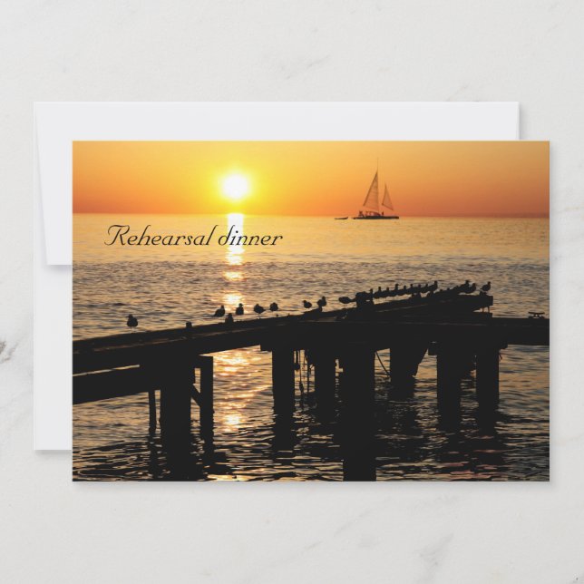ocean at sunset with seagulls rehearsal dinner invitation (Front)