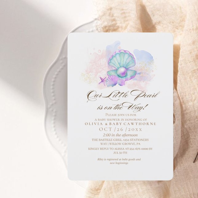Ocean Baby Shower Watercolor Pearl Invitation (Creator Uploaded)