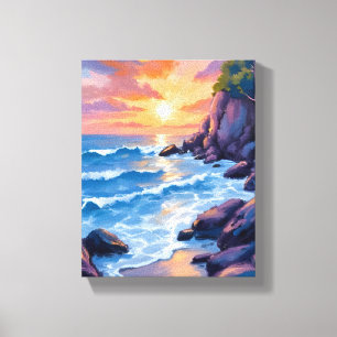 Ocean Bay Sunset   Beach Shore Watercolor Canvas Print