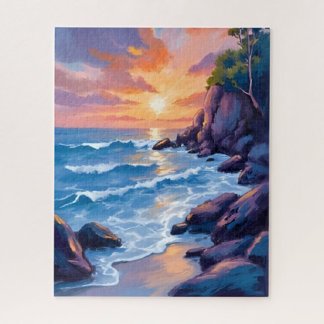 Ocean Bay Sunset | Beach Shore Watercolor Jigsaw Puzzle (Vertical)