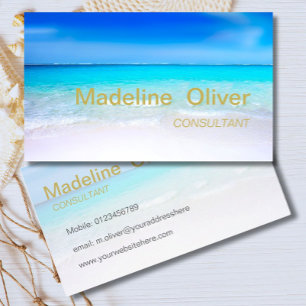 Ocean Beach Aqua Blue Sea Travel  Modern Gold Business Card
