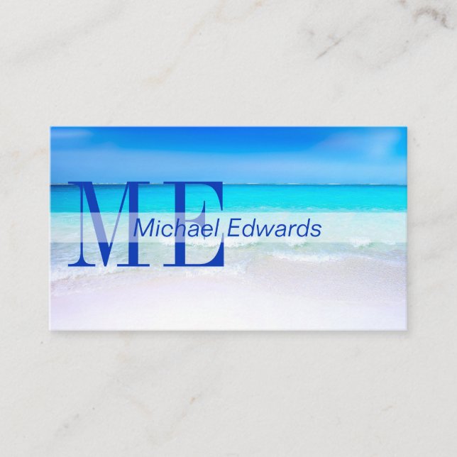 Ocean Beach Aqua Blue Sea Travel  Modern Monogram Business Card (Front)