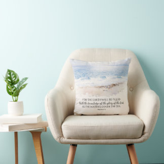 Ocean Beach Bible Verse, Habakkuk 2:14 Watercolor Cushion