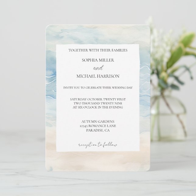 Ocean Beach Blue Cream Sand Wedding Invitation (Standing Front)