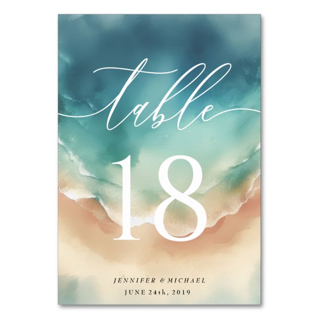 Ocean Beach Blue Watercolor Table Table Number (Front)