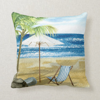 Ocean Beach Coastal Beach chair Throw Pillow