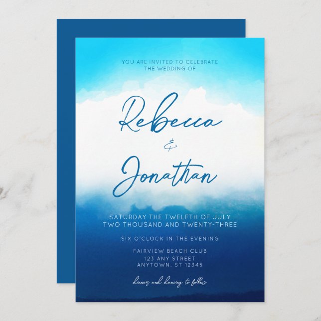 Ocean Beach Coastal Blue Watercolor Wedding Invitation (Front/Back)