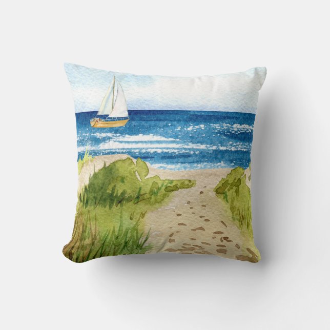 Ocean Beach Coastal  Sailboat Shore Line Cushion (Front)