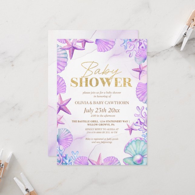 Ocean Beach Coral Blue Gold Baby Girl Shower Invitation (Front/Back In Situ)