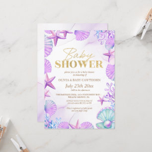 Ocean Beach Coral Blue Gold Baby Girl Shower Invitation