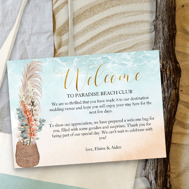 Ocean Beach Destination Wedding Welcome Enclosure Card (Ocean beach wedding welcome card - Boho Beach Collection)