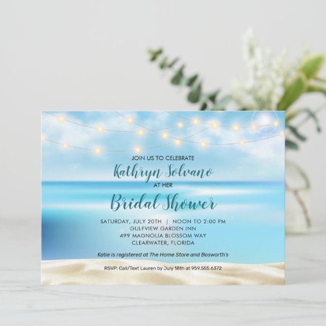 Ocean Beach Fairy Lights Bridal Wedding Shower Invitation (Standing Front)