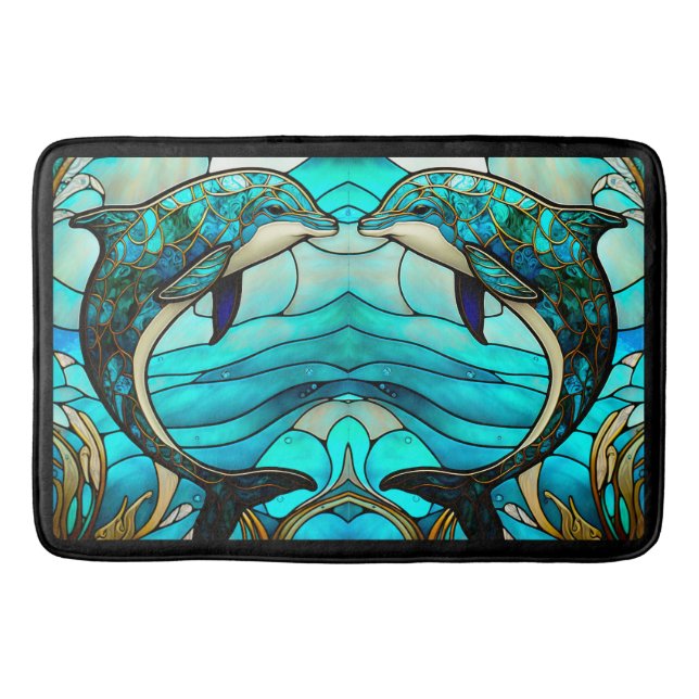 Ocean Beach House Blue Dolphin Faux Stained Glass Bath Mat (Front)