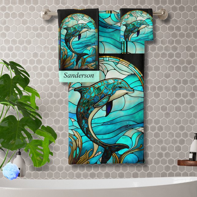 Ocean Beach House Blue Dolphin Faux Stained Glass Bath Towel Set (Creator Uploaded)