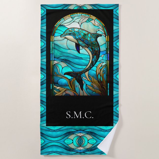 Ocean Beach House Blue Dolphin Faux Stained Glass Beach Towel (Front)