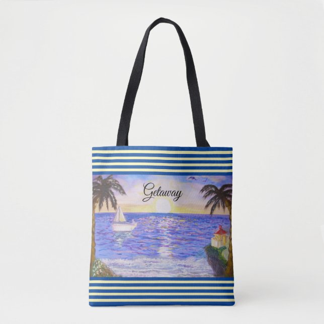 Ocean Beach Landscape and Yacht Tote Bag (Front)