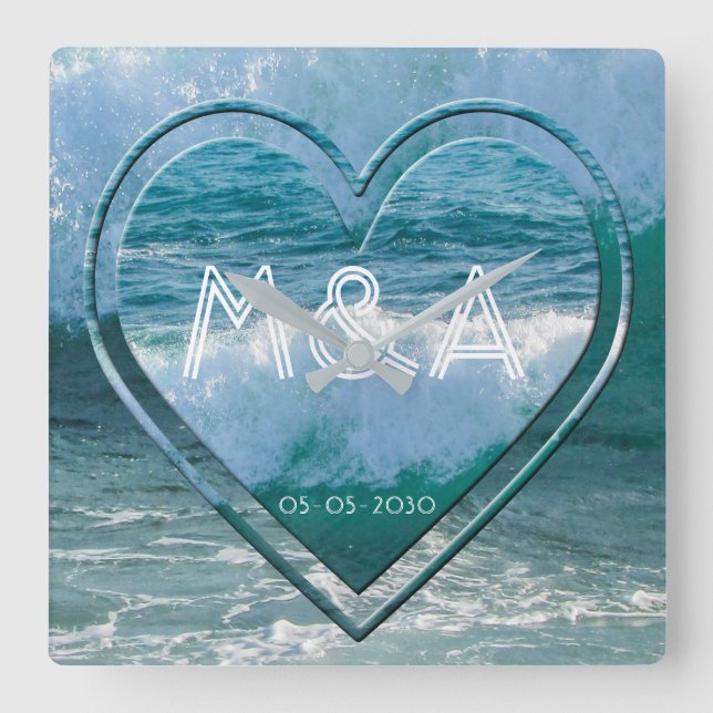 Ocean, Beach Life Wedding Couple Initials and Date Square Wall Clock (Front)