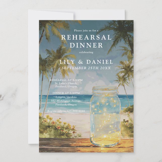 Ocean Beach Mason Jar Wedding Rehearsal Dinner Invitation (Front)