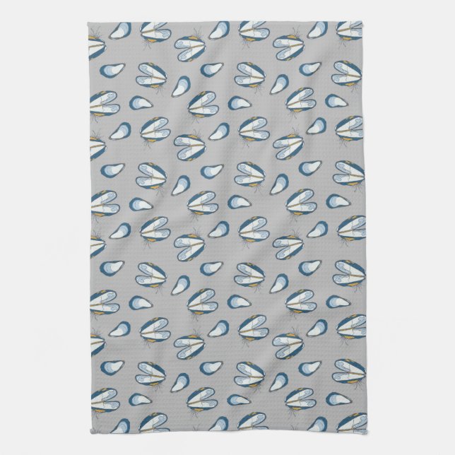 Ocean Beach Mussel Shells- Grey Tea Towel (Vertical)