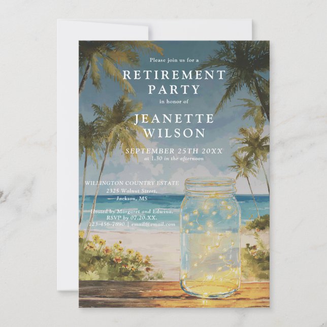 Ocean Beach Palm Tree Mason Jar Retirement Party Invitation (Front)