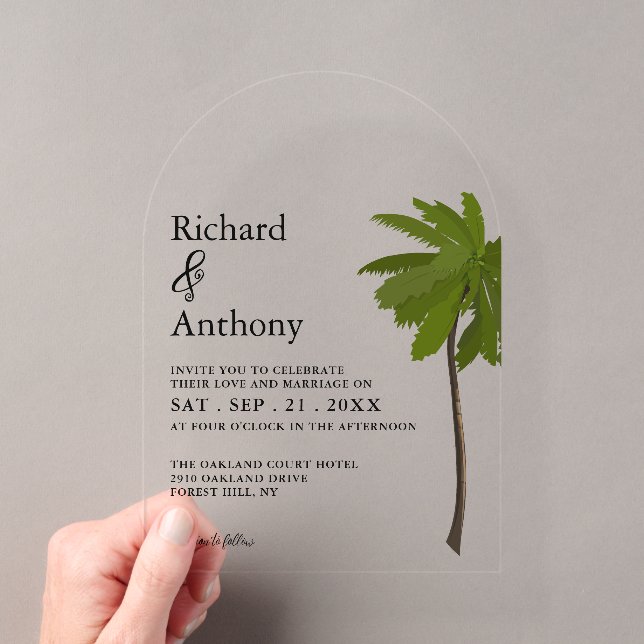 Ocean Beach Palm Tree Wedding Acrylic Invitations (Insitu (Handheld))