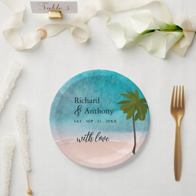 Ocean Beach Palm Tree Wedding  Paper Plate (Wedding)