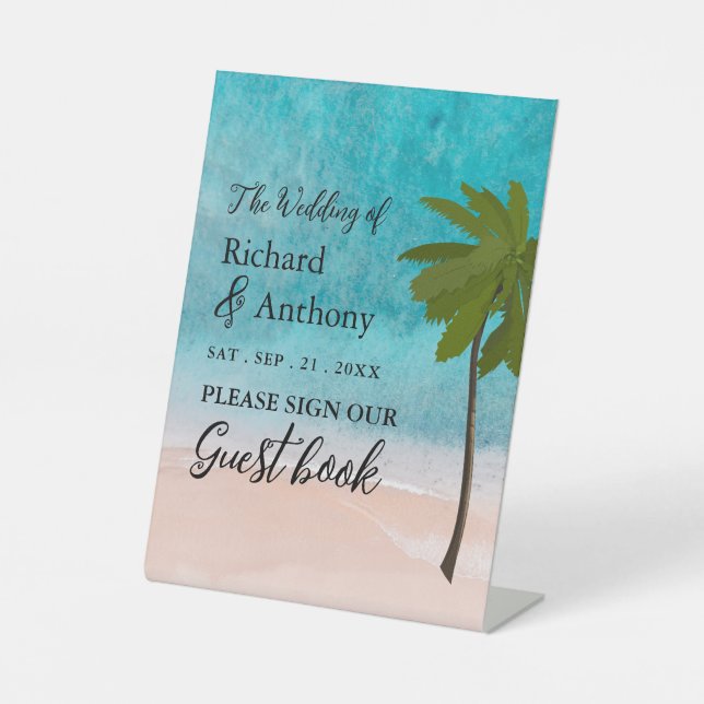 Ocean Beach Palm Tree Wedding Pedestal Sign (Front)
