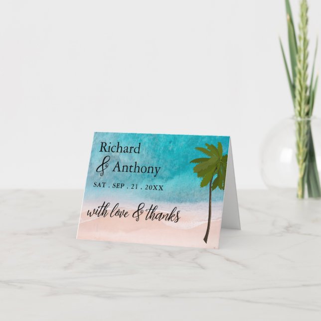 Ocean Beach Palm Tree Wedding Thank You Card (Front)
