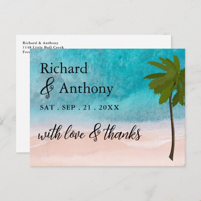 Ocean Beach Palm Tree Wedding Thank You Postcard (Front/Back)
