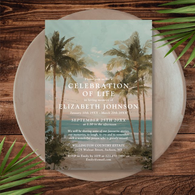 Ocean Beach Palm Trees Celebration of Life Funeral Invitation (Ocean Beach Palm Trees Celebration of Life Funeral Invitation)