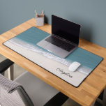Ocean Beach Photo Script Name Desk Mat<br><div class="desc">This desk mat offers a beach themed design. The background is a beautiful photo of ocean water and sand. Trendy script text allows you to personalise with your name.</div>