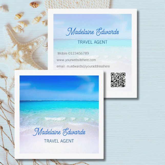Ocean Beach QR Code Blue Scene Modern Square Business Card (Creator Uploaded)
