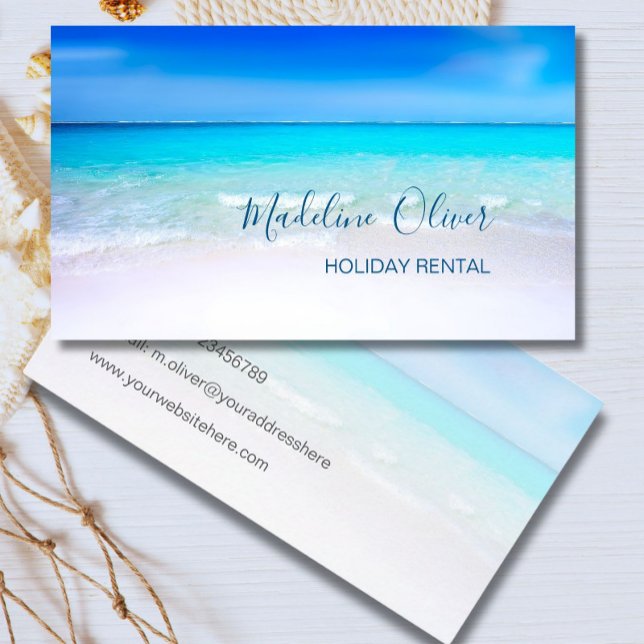Ocean Beach Sea Holiday Rental Aqua Blue Stylish Business Card (Creator Uploaded)
