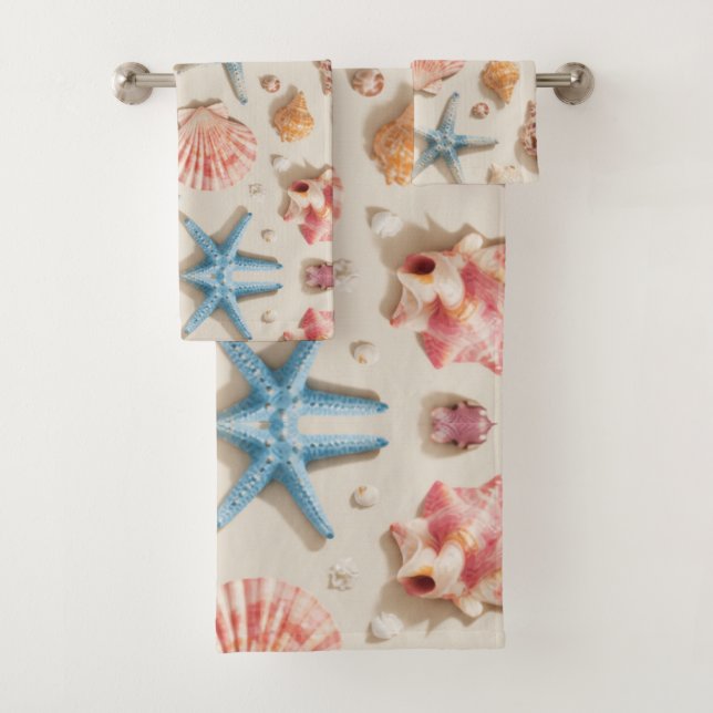 Ocean Beach Sea Shells and Blue Starfish Bath Towel Set (Insitu)