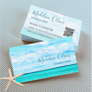 Ocean Beach Sea Travel QR Code  Aqua Blue Stylish Business Card