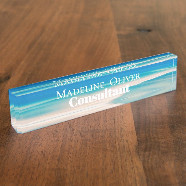 Ocean Beach Sea Travel White Blue Modern  Nameplate (Side)