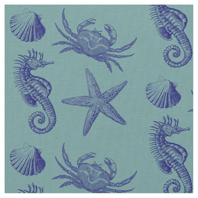 Ocean Beach Seahorse Starfish Crab & Shell Pattern Fabric (Close Up)