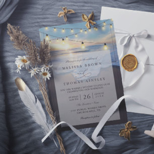 Ocean Beach Seaside String Lights Elegant Wedding Invitation
