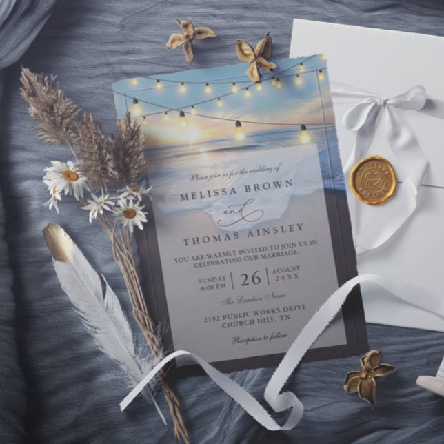 Ocean Beach Seaside String Lights Elegant Wedding Invitation (Creator Uploaded)