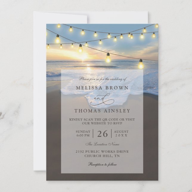 Ocean Beach Seaside String Lights QR Code Wedding Invitation (Front)