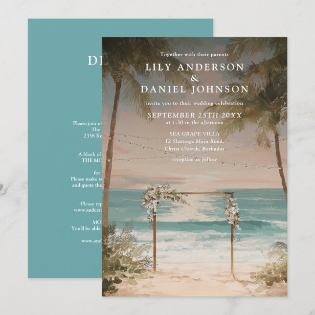 Ocean Beach String Lights All In One Wedding Invitation (Front/Back)