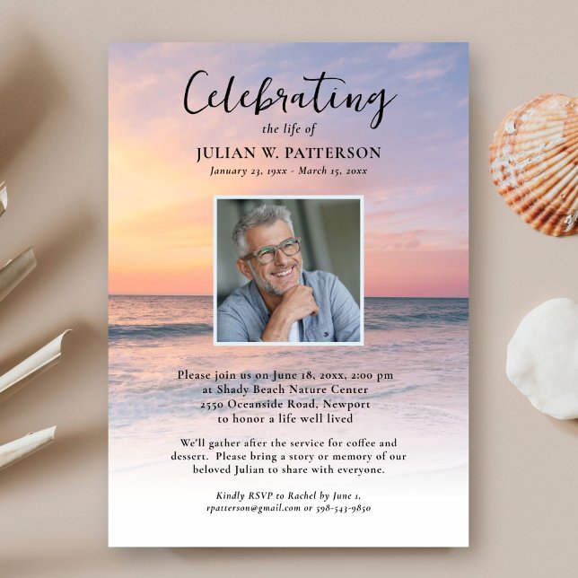 Ocean Beach Sunset Celebration of Life Photo Invitation (Creator Uploaded)