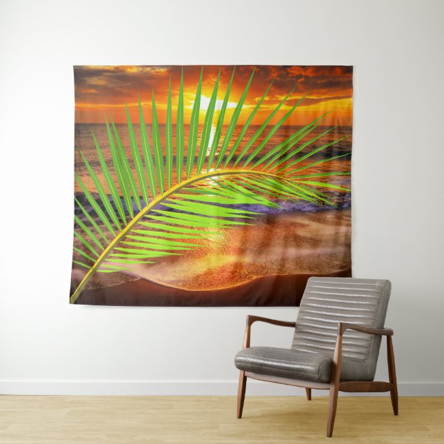Ocean Beach & Sunset with Palm Leaf - Modern Sea Tapestry (In Situ (Horizontal))