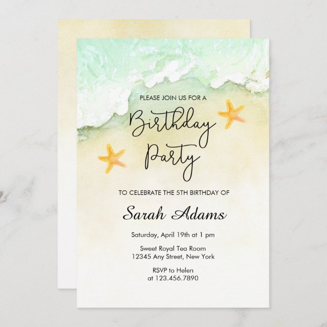 Ocean Beach Tropical Watercolor 5th Birthday Invitation (Front/Back)