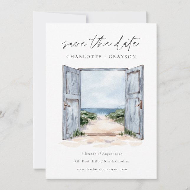 Ocean Beach Watercolor Wedding Save the Date (Front)