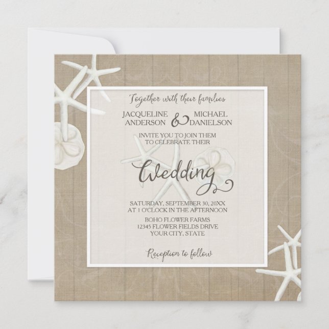 Ocean Beach Wedding Starfish Wood Damask Rustic Invitation (Front)
