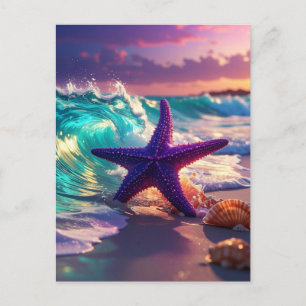 Ocean beach with violet starfish postcard