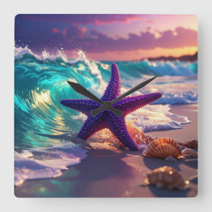 Ocean beach with violet starfish square wall clock